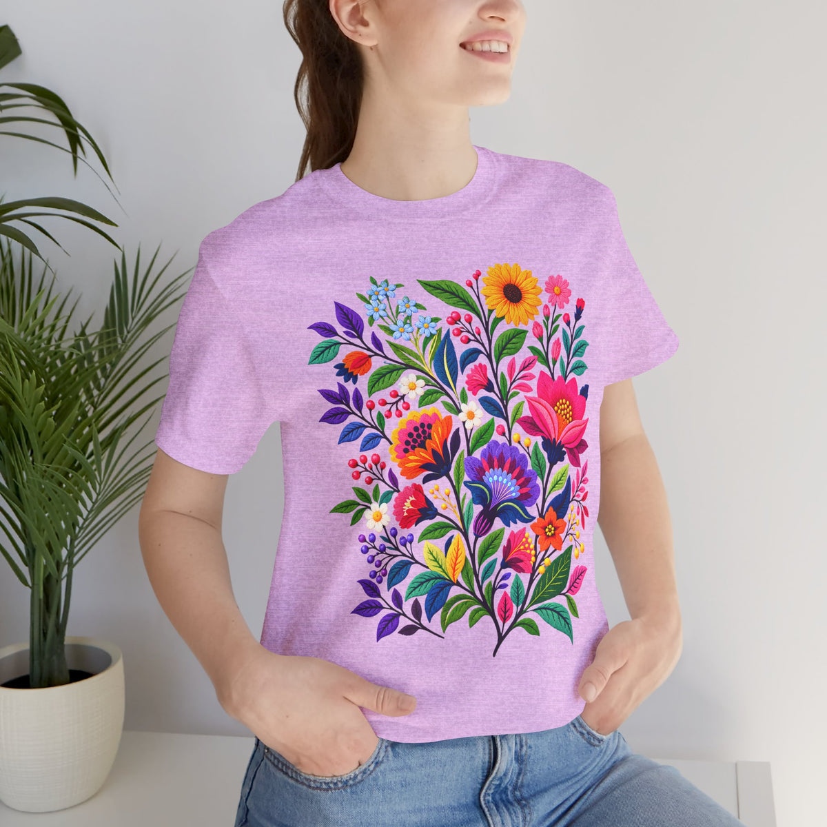 Bright Folk Art Floral T-Shirt, Colorful Flower Bouquet Tee - 14513