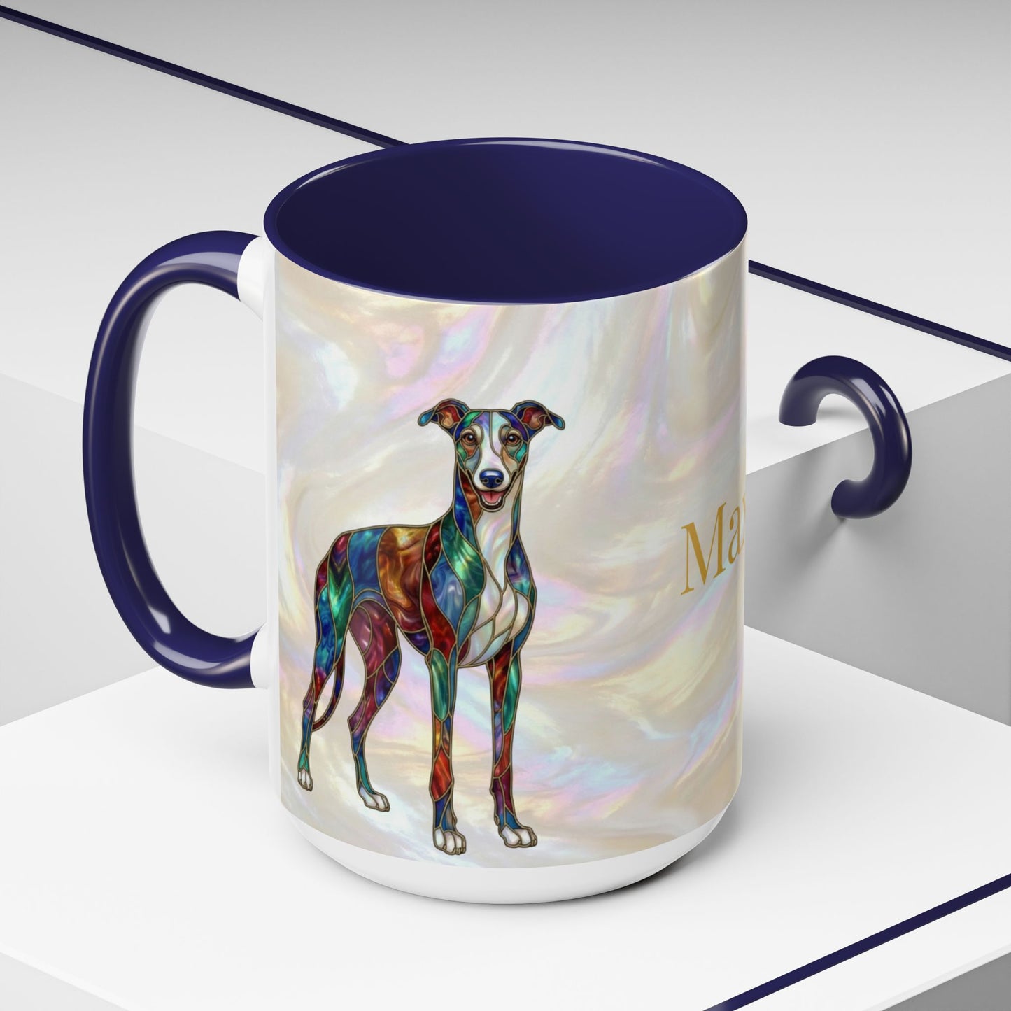 Personalized Greyhound Coffee Mug – Stained Glass Dog Accent Mug (Name Customizable)  - 14523