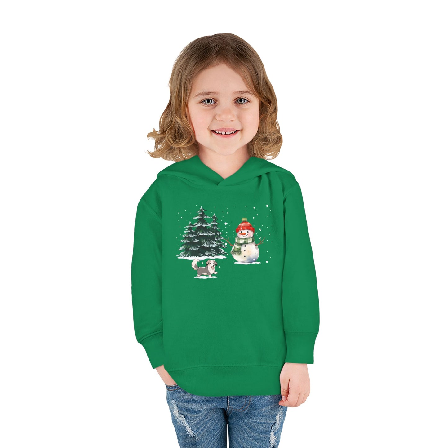 Winter Trees, Snowman & Puppy - Toddler Pullover Fleece Hoodie - 10270