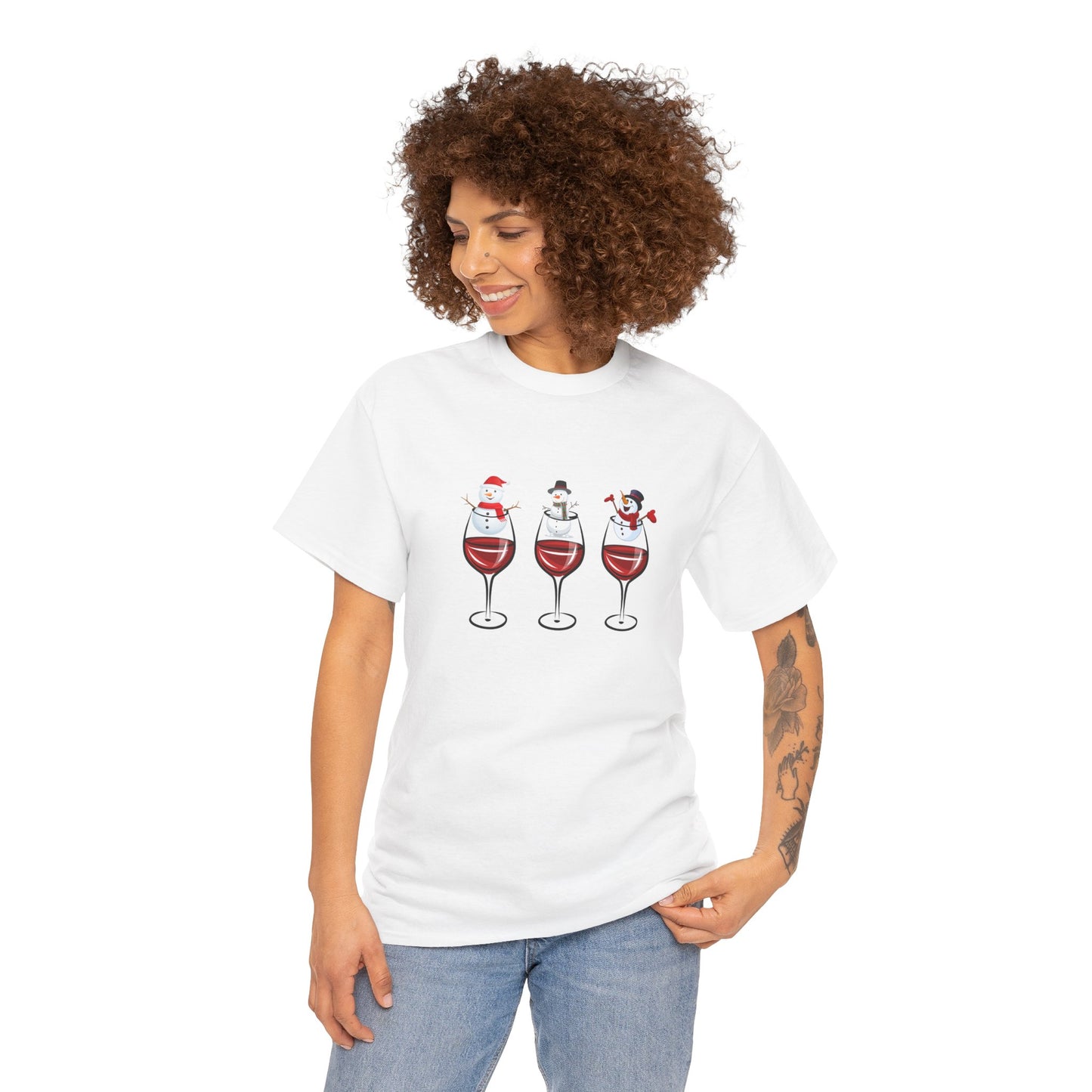 Snowmen & Glass of Wine - Unisex Heavy Cotton Tee