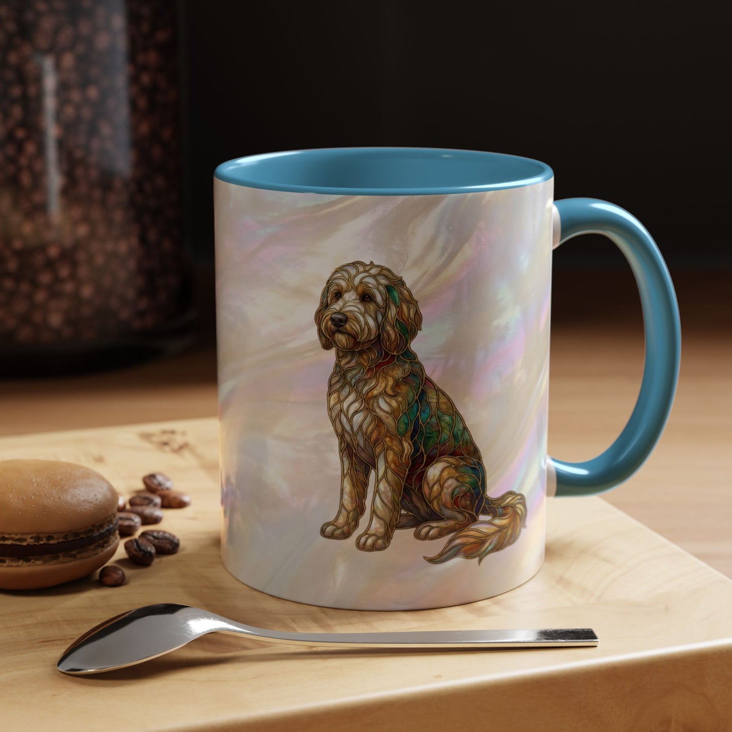 Personalized Dog (Goldendoodle) Coffee Mug - Accent Ceramic Mug with Name and Stained Glass Design - 14530