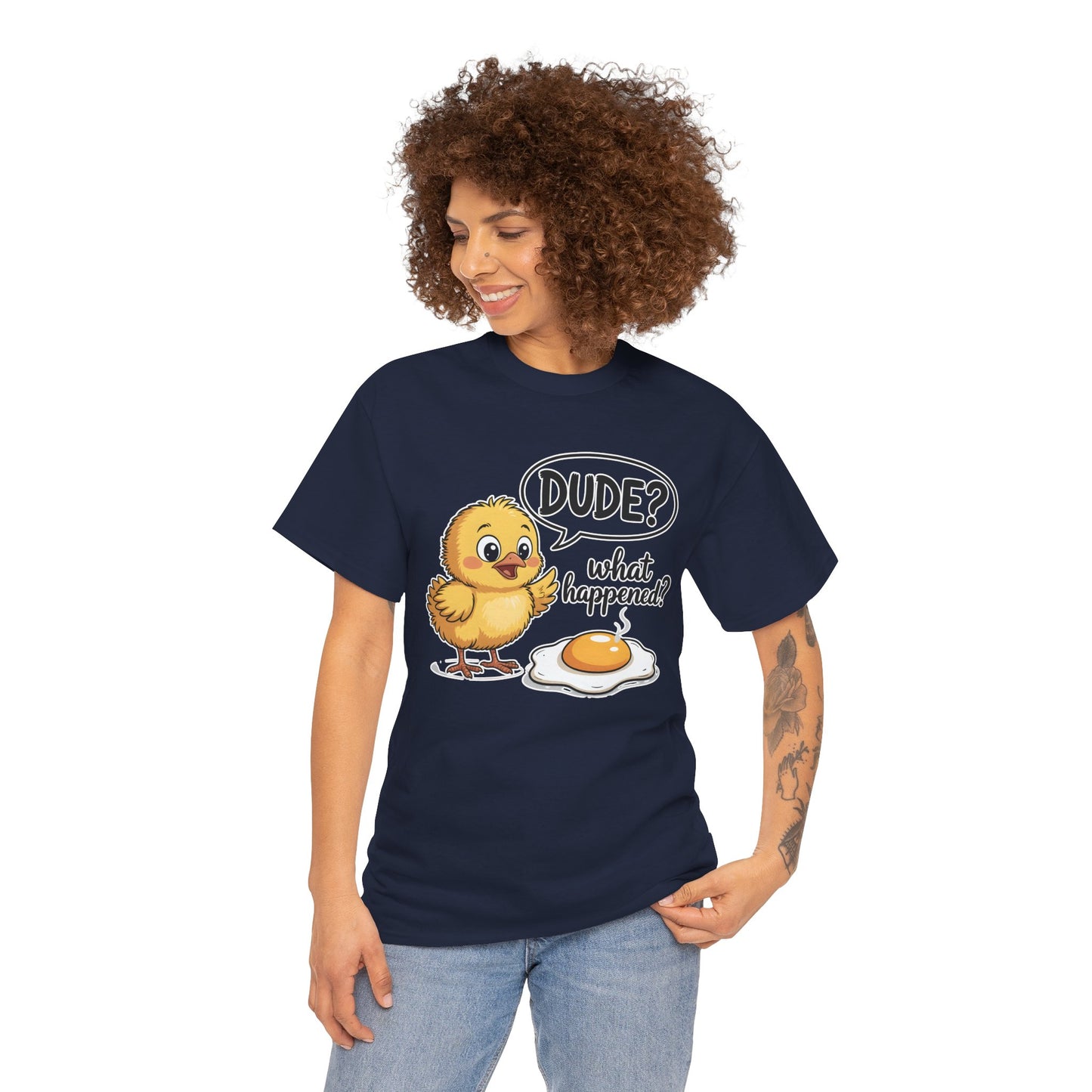 Funny Chicken T-Shirt – “Dude? What Happened?” Cute Chick & Egg Humor Tee Gift - 14849