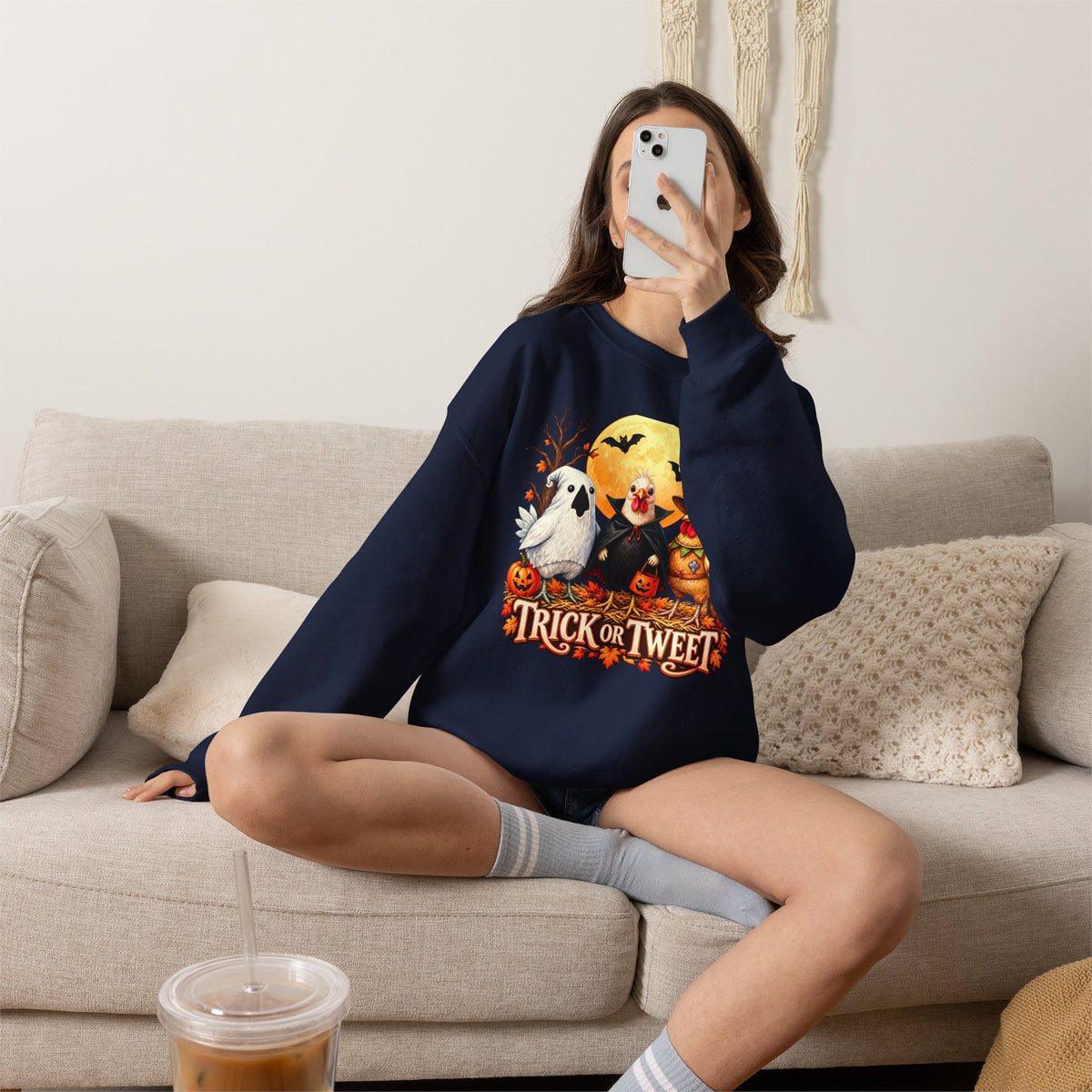 Trick or Tweet Halloween Sweatshirt, Cute Costume Chickens & Ghost Crewneck- 14512