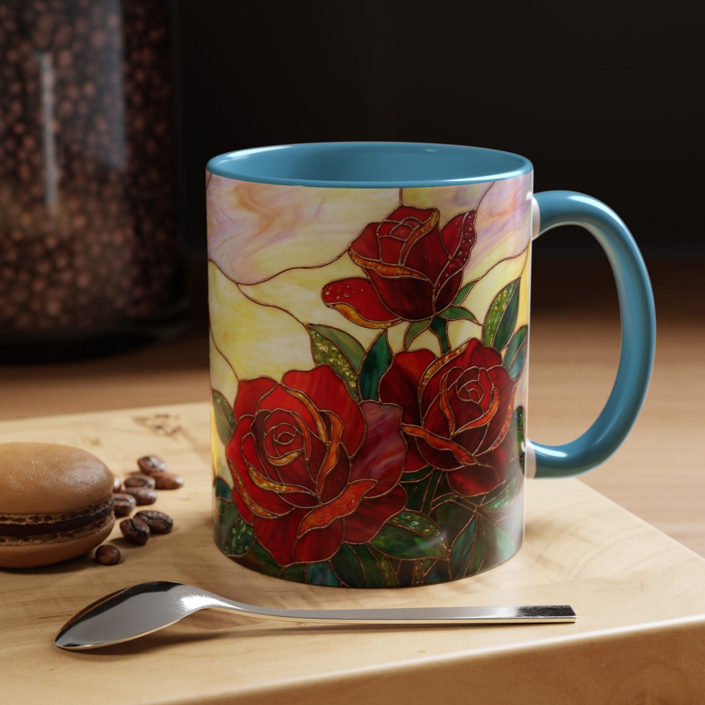 Rose Stained Glass Accent Coffee Mug – Red Roses Floral 11/15oz - 14539