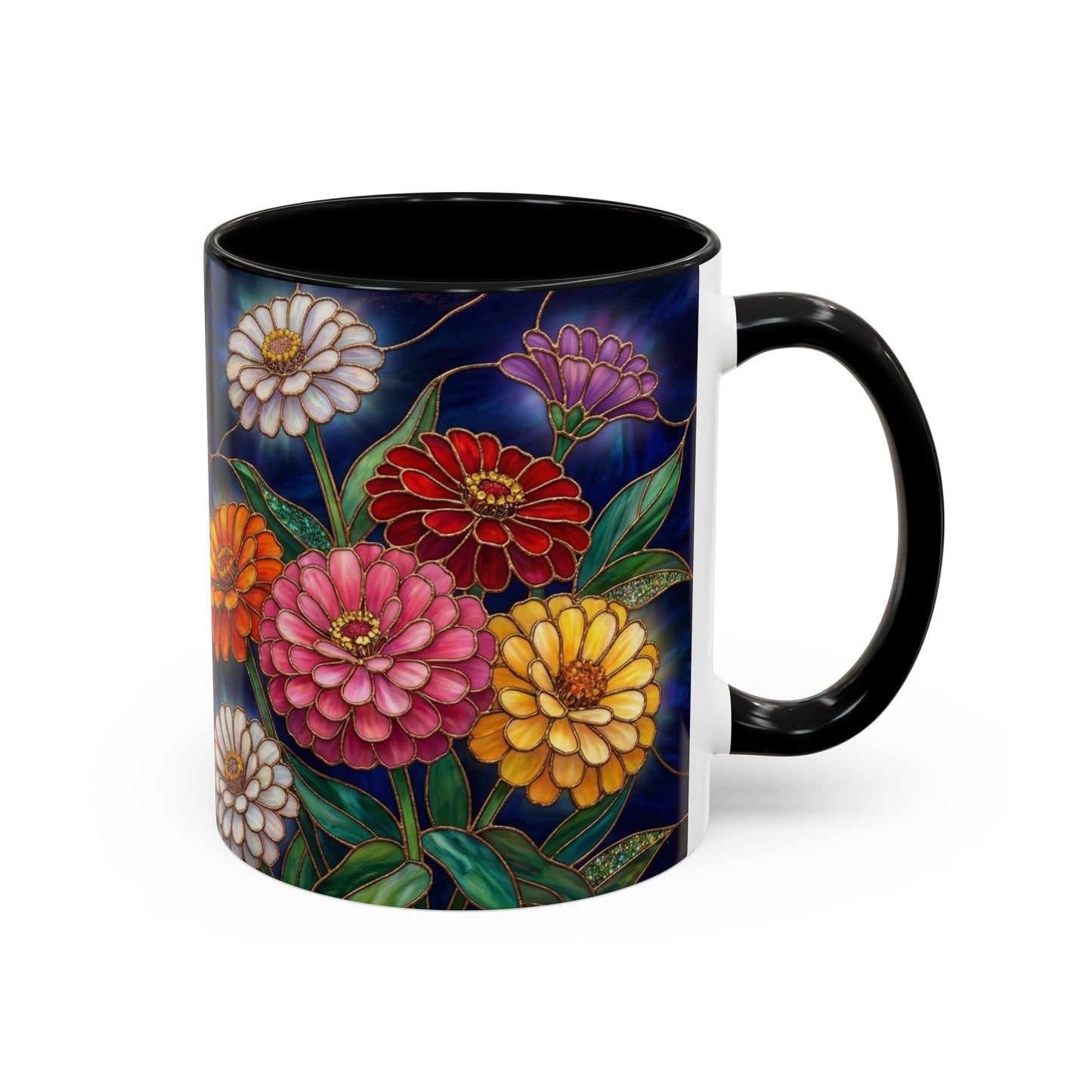 Zinnias Floral Accent Coffee Mug — Stained Glass Design 11/15oz - 14591