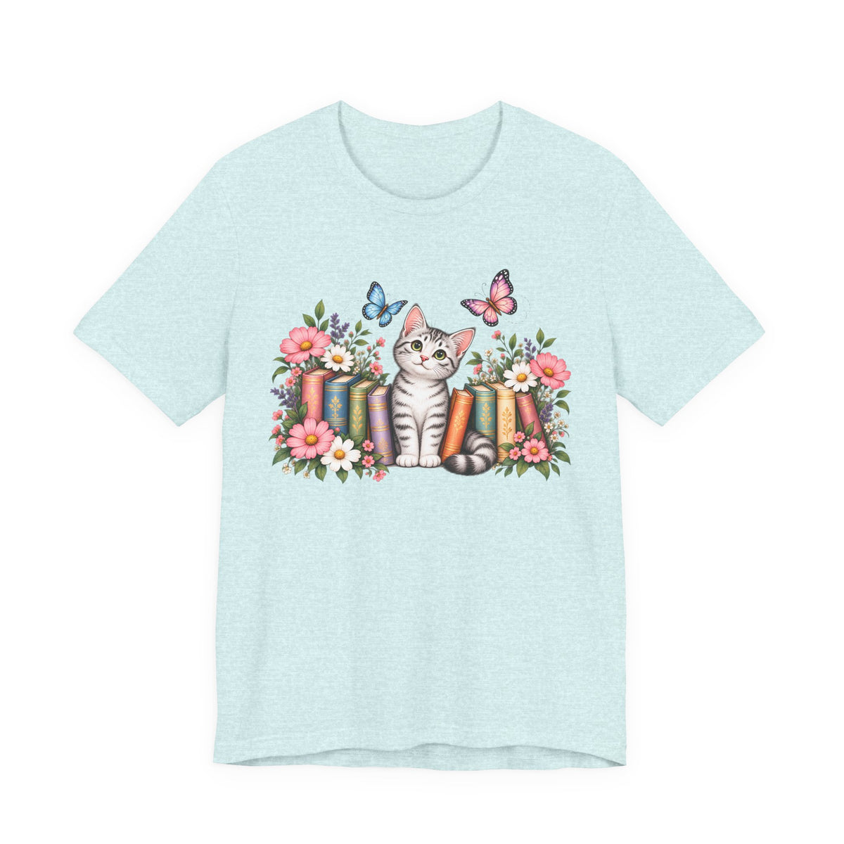 Cat & Books T-Shirt, Cute Floral Kitten & Butterfly Tee - 14526