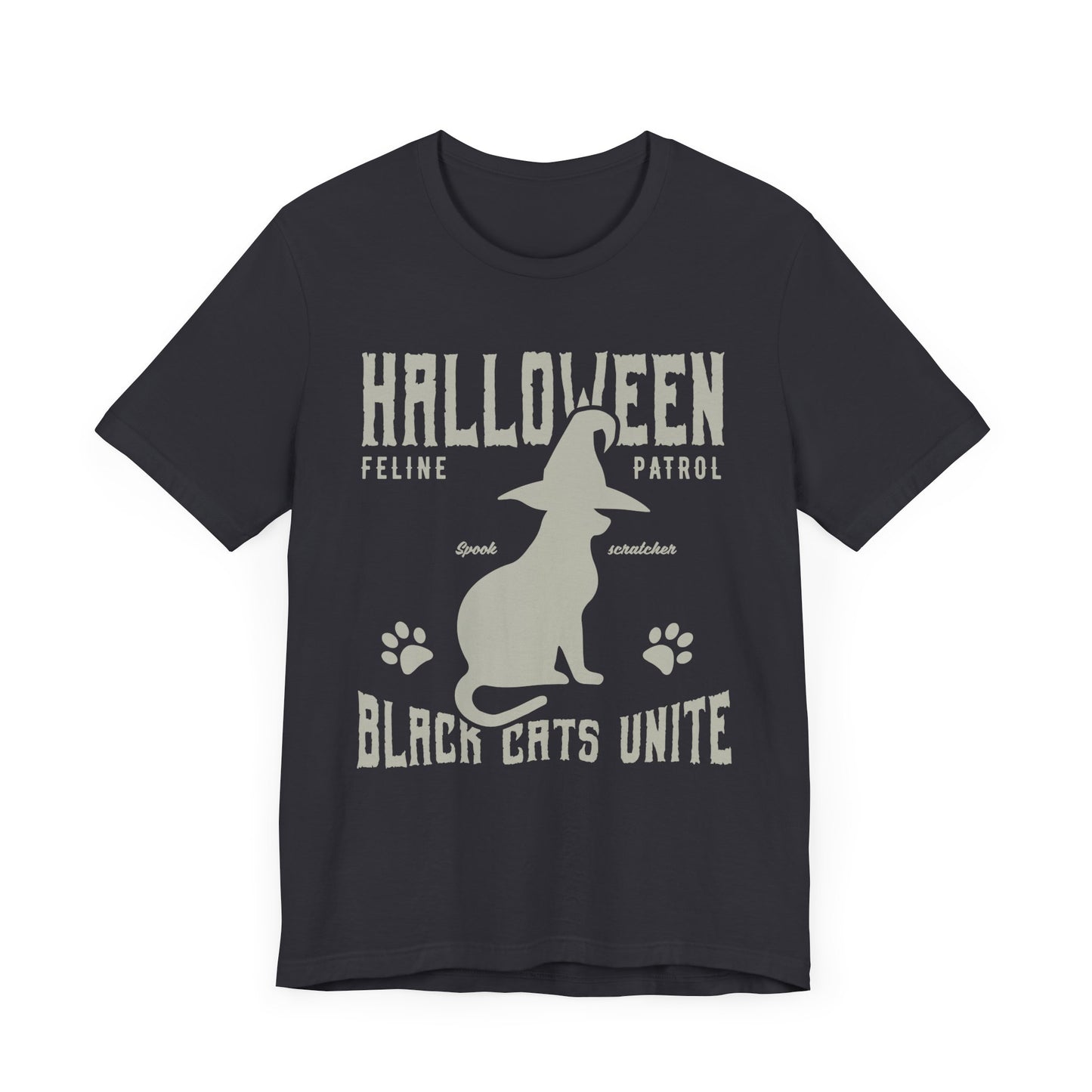 Halloween Feline Patrol, Spook Scratcher, Black Cats Unite  - Unisex Jersey Short Sleeve Tee - 12928