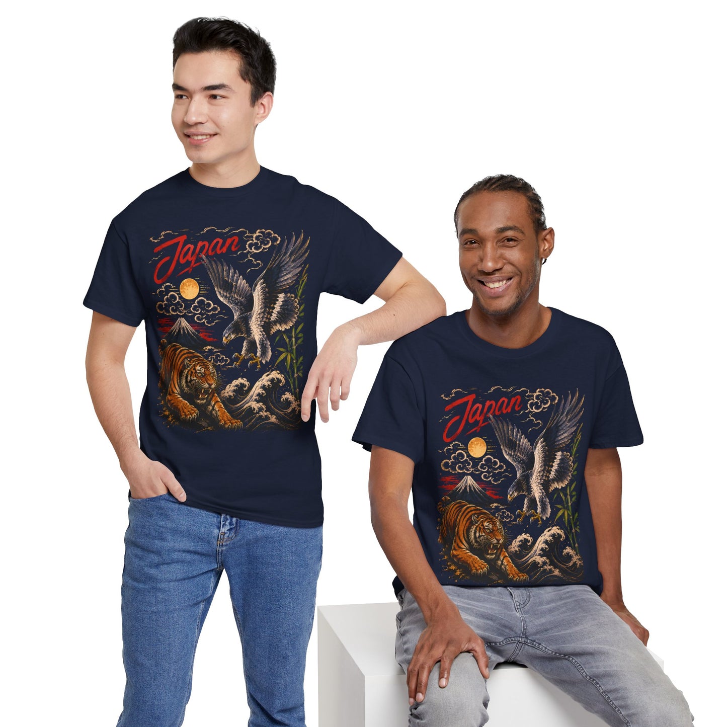 Japan Tiger & Eagle Graphic T-Shirt – Vintage Japanese Tattoo Style Tee - 14910