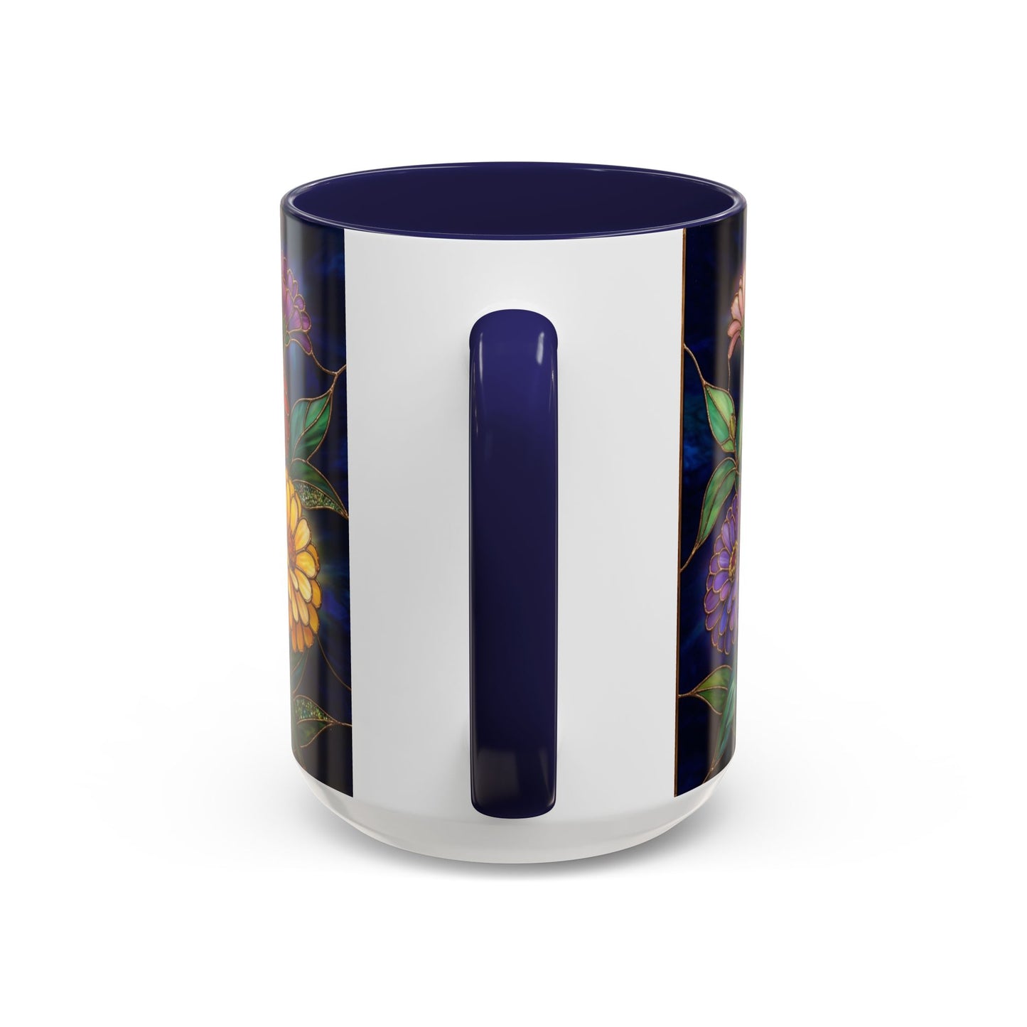 Zinnias Floral Accent Coffee Mug — Stained Glass Design 11/15oz - 14591