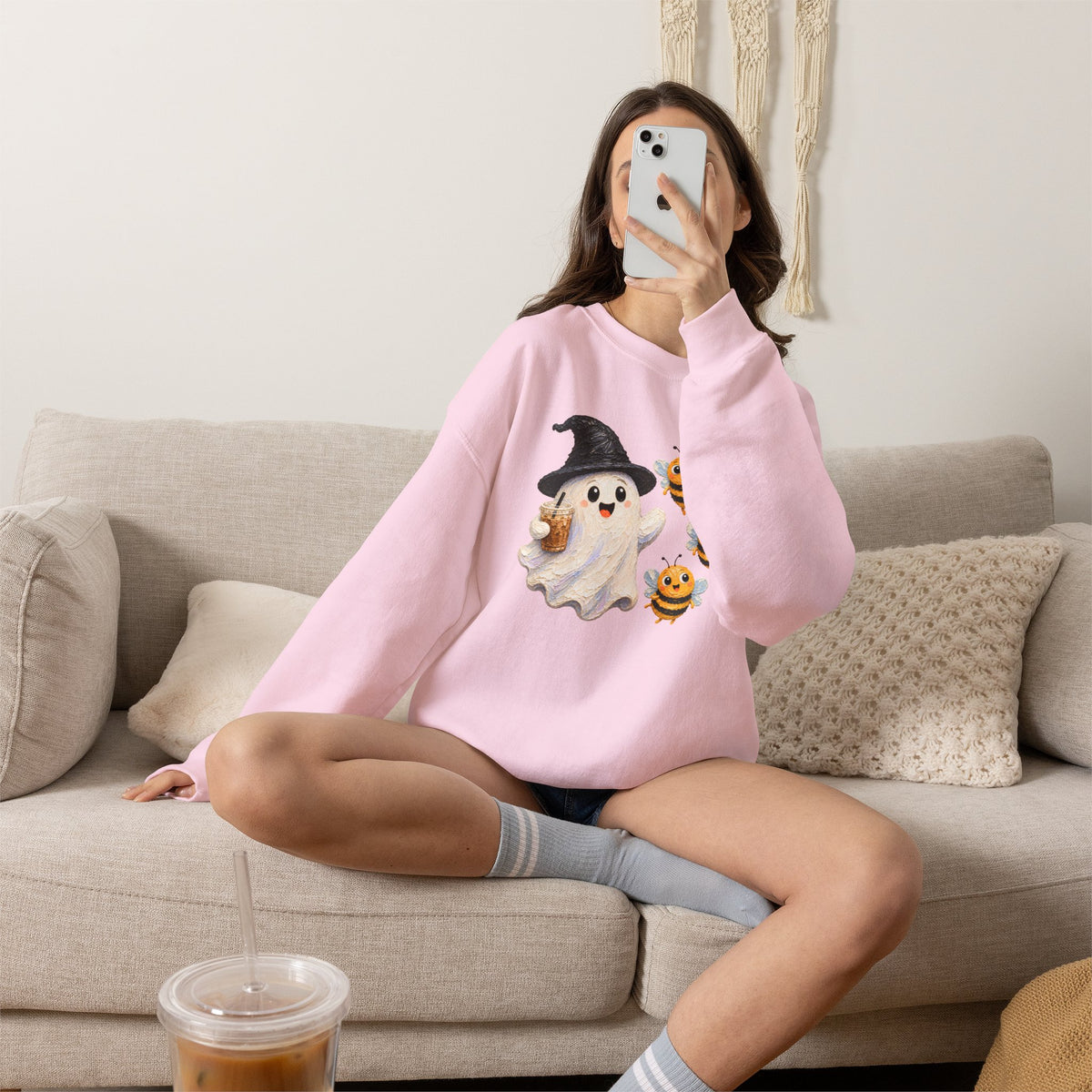 Cute Halloween Ghost & Bees Sweatshirt, Whimsical Witch Hat Crewneck - 14538