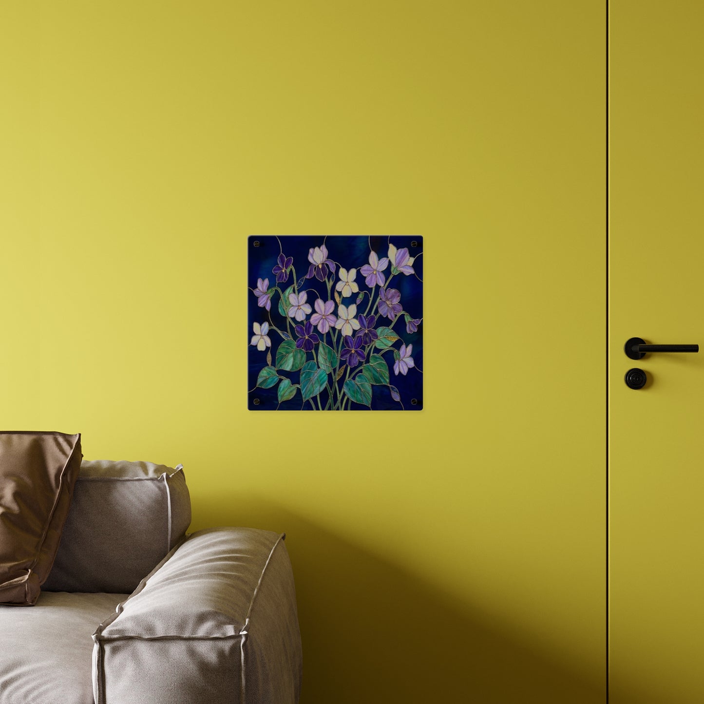 Violet Floral Acrylic Wall Art Panel — Purple Violets on Deep Blue - 14600