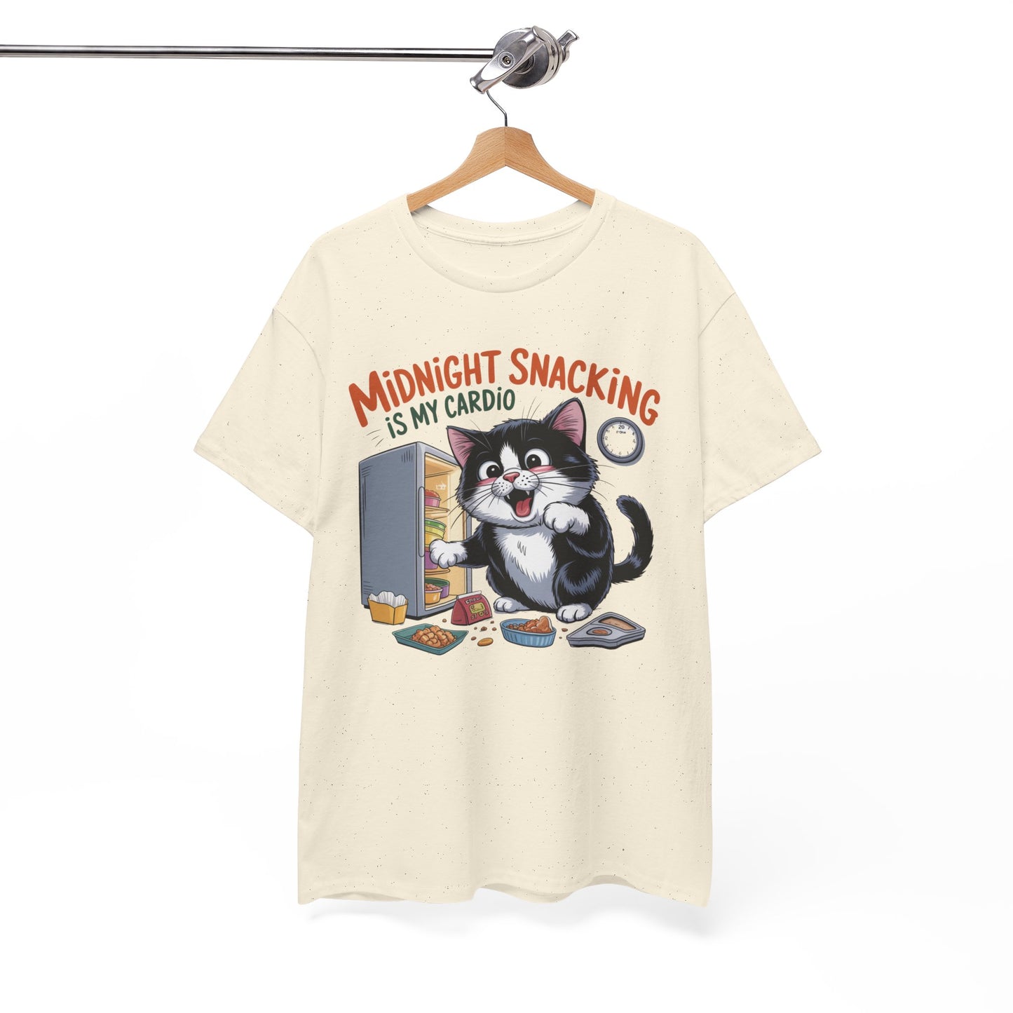 Midnight Snacking Is My Cardio T-Shirt — Funny Cat Graphic Tee, Cute Food Lover Gift - 14865
