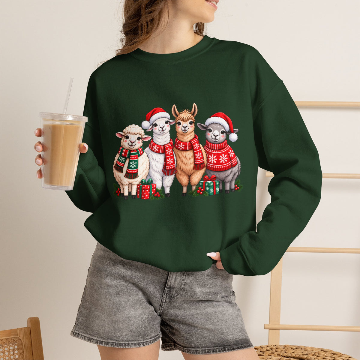 Festive Christmas Animal Friends Sweatshirt, Cute Sheep & Alpaca Holiday Crewneck - 14553