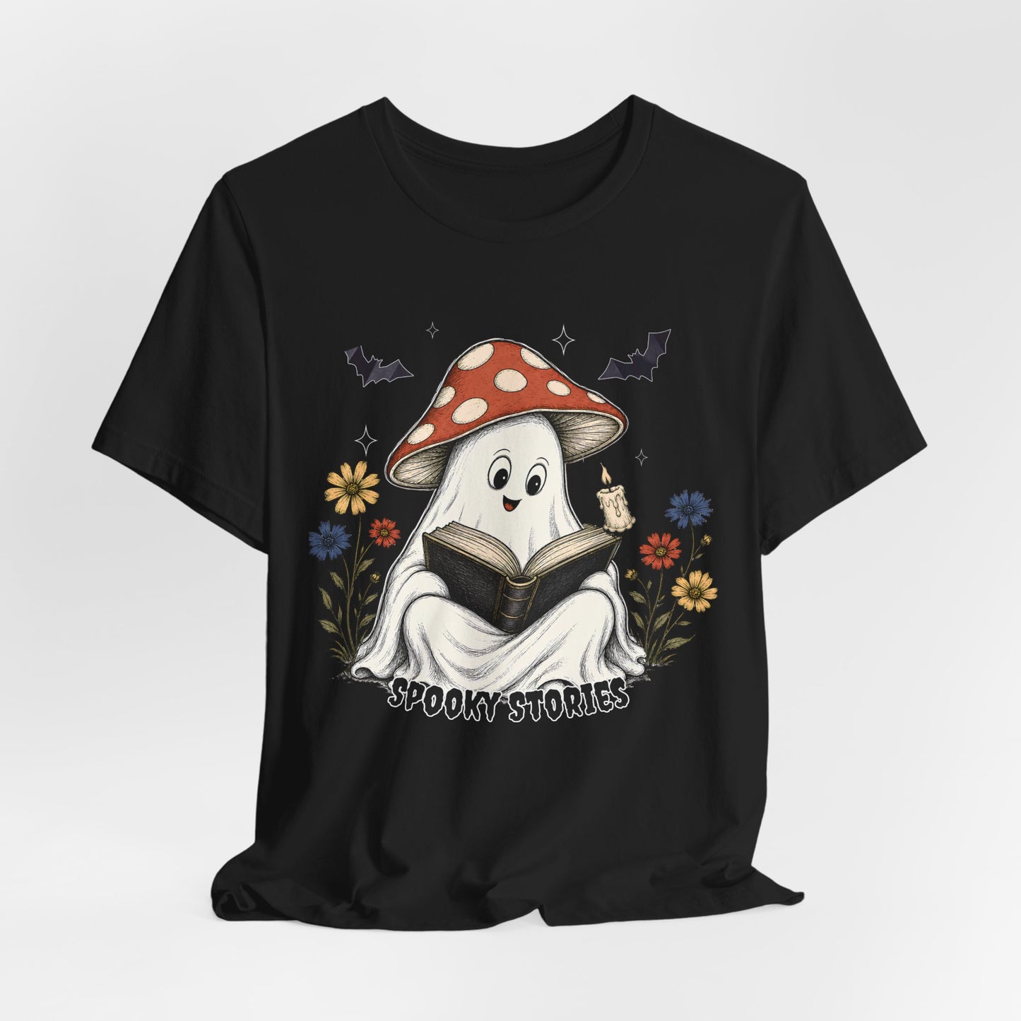 Spooky Stories Ghost T-Shirt, Cute Mushroom Ghost Reading Shirt for Halloween - 14970