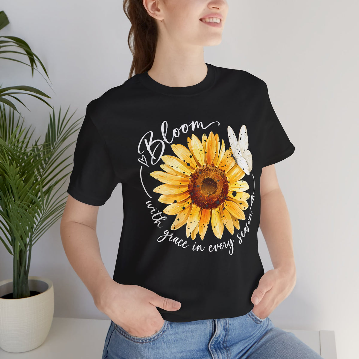 Sunflower “Bloom with Grace in Every Season” T-Shirt, Inspirational Floral Tee- 14502