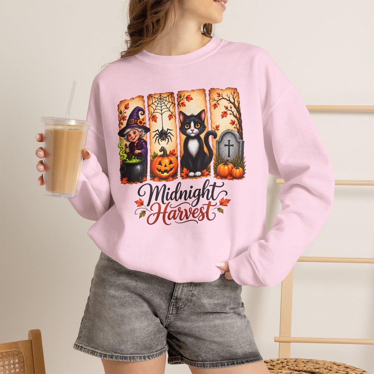 Midnight Harvest Halloween Sweatshirt, Witch, Black Cat, Pumpkins & Spooky Fall Crewneck - 14514
