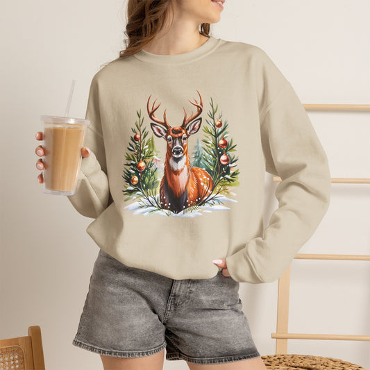 Christmas Deer Sweatshirt, Vintage Woodland Holiday Crewneck - 14562