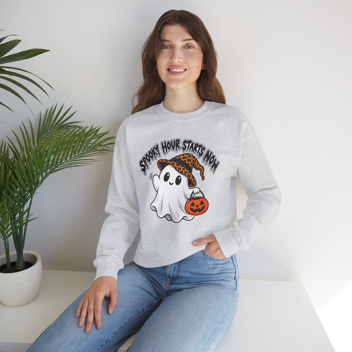 Spooky Hour Starts Now Sweatshirt, Cute Halloween Ghost Crewneck - 14536