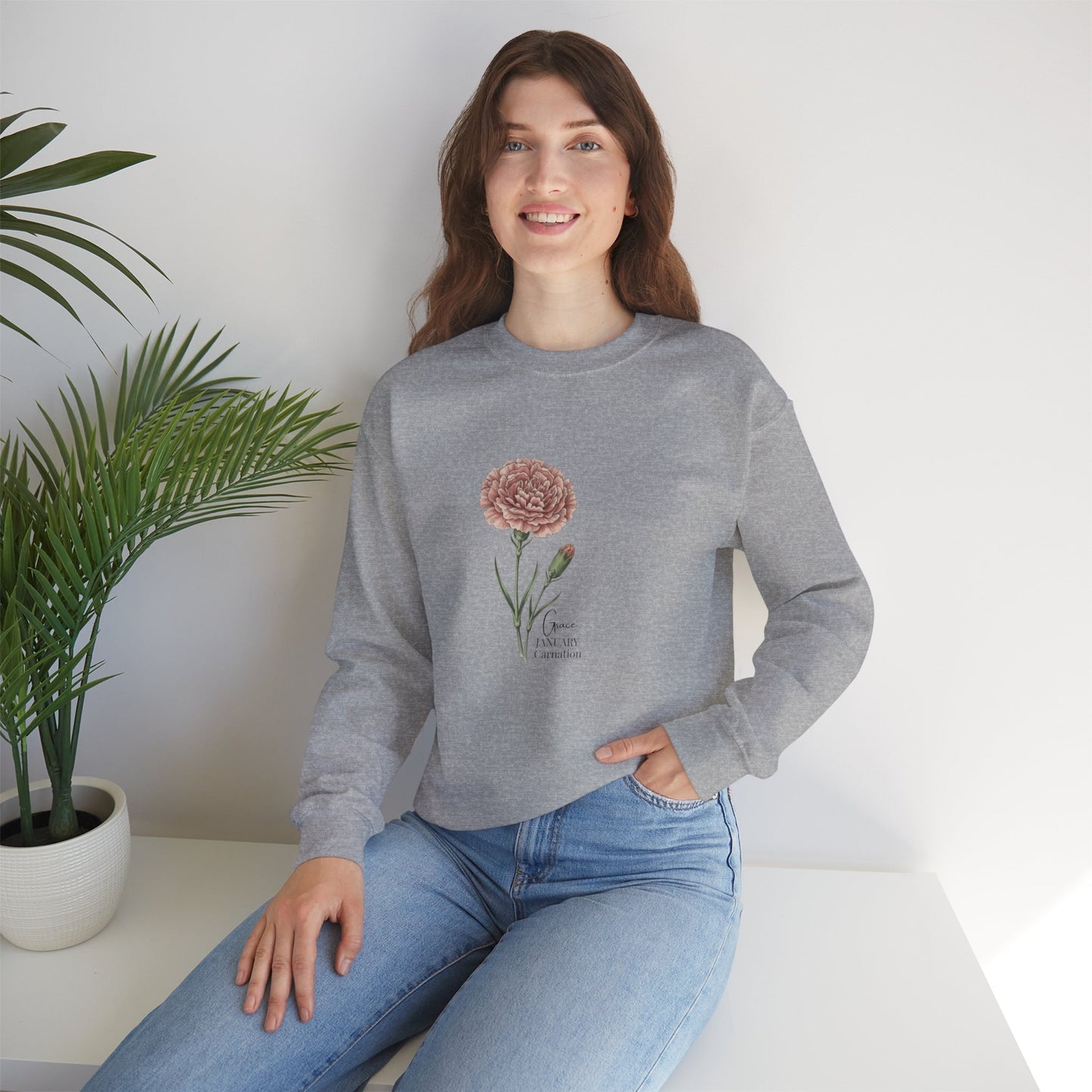 January Carnation Crewneck Sweatshirt — Customizable - 14673