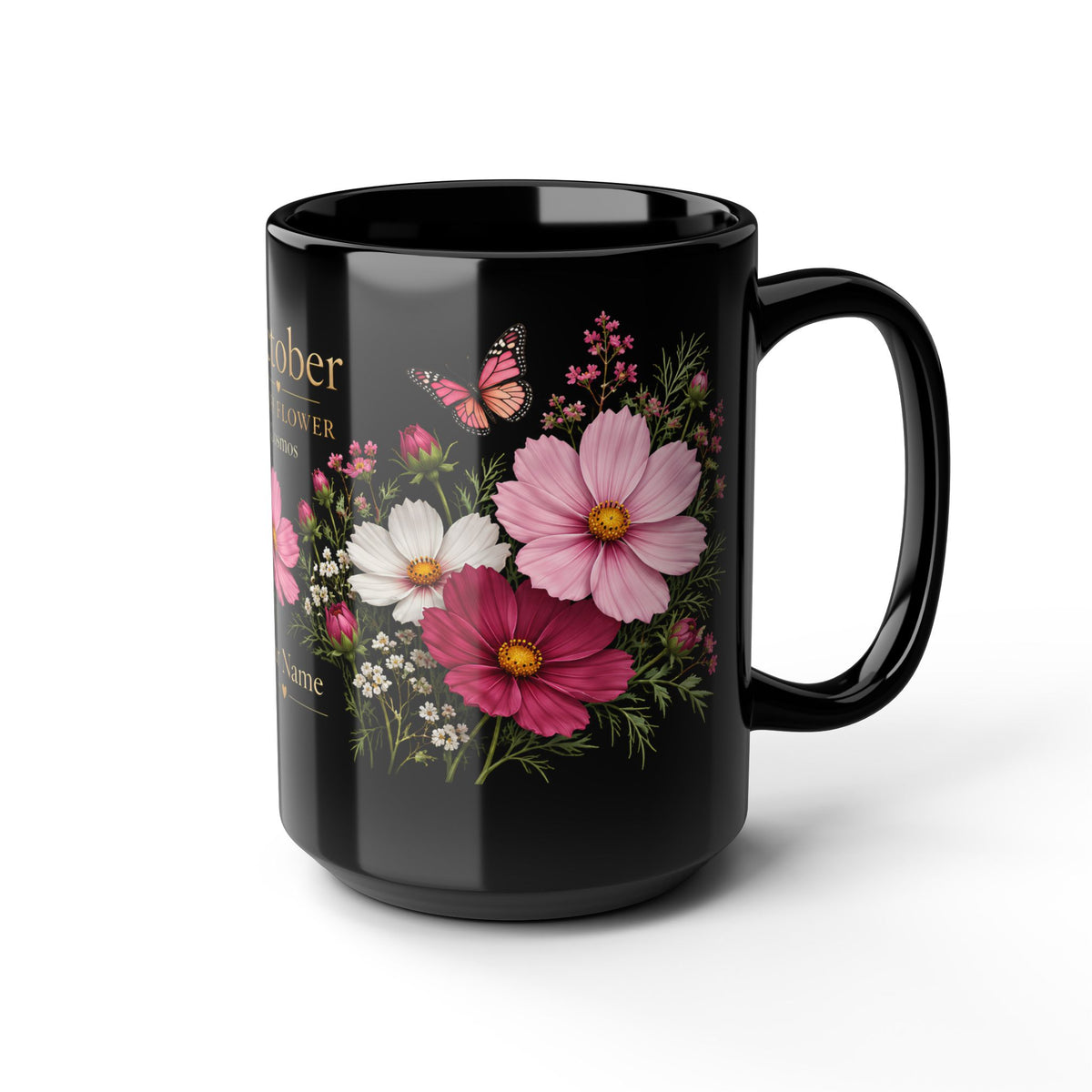 October Birth Flower Mug, Personalized Cosmos Black Coffee Cup - 14980