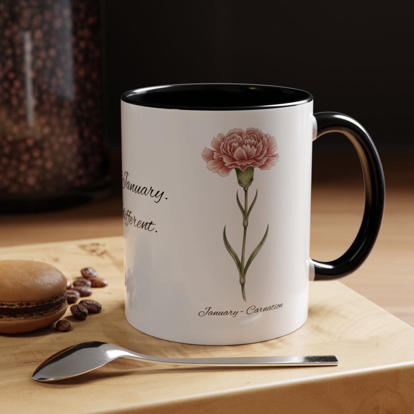 January Carnation Accent Coffee Mug – Birth Flower Mug, Customizable (11oz / 15oz) - 14668