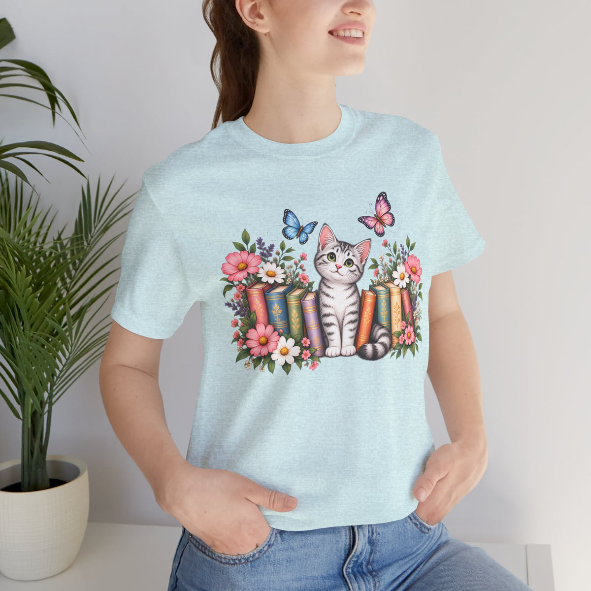 Cat & Books T-Shirt, Cute Floral Kitten & Butterfly Tee - 14526