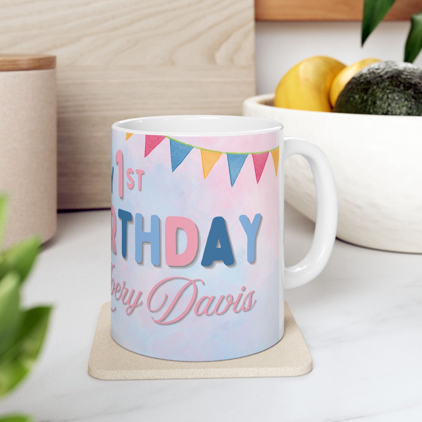 Happy Birthday Ceramic Mug, Customizable Gift, Party Favor, 1st Birthday Keepsake, Cute Bear Design - 13956