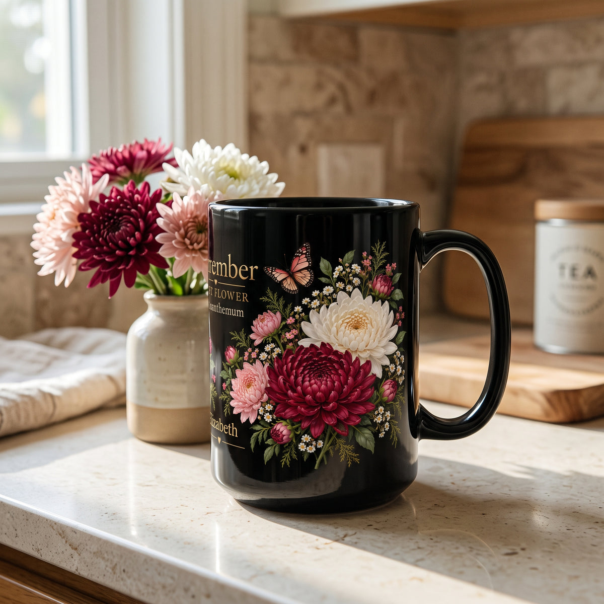 November Chrysanthemum Birth Flower Mug, Personalized Black Floral Mug - 14546