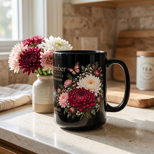 November Chrysanthemum Birth Flower Mug, Personalized Black Floral Mug - 14546