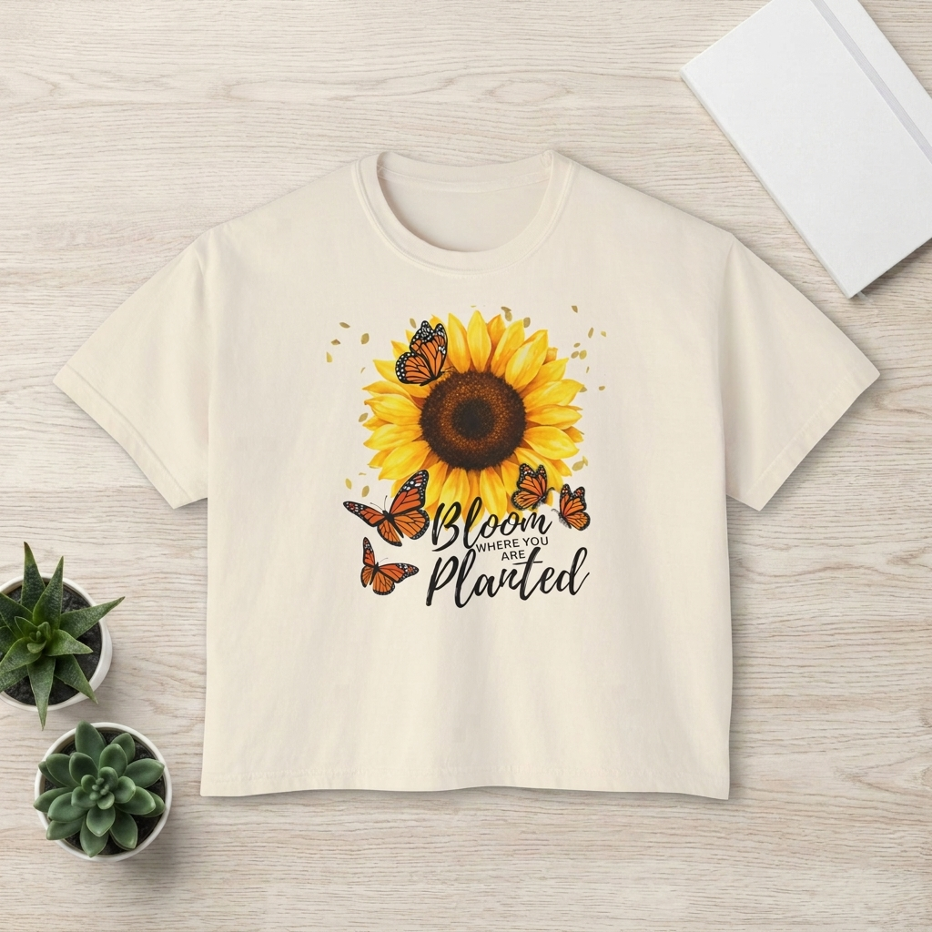 Bloom Where You’re Planted Sunflower T-Shirt, Floral Butterfly Graphic Tee - 14922