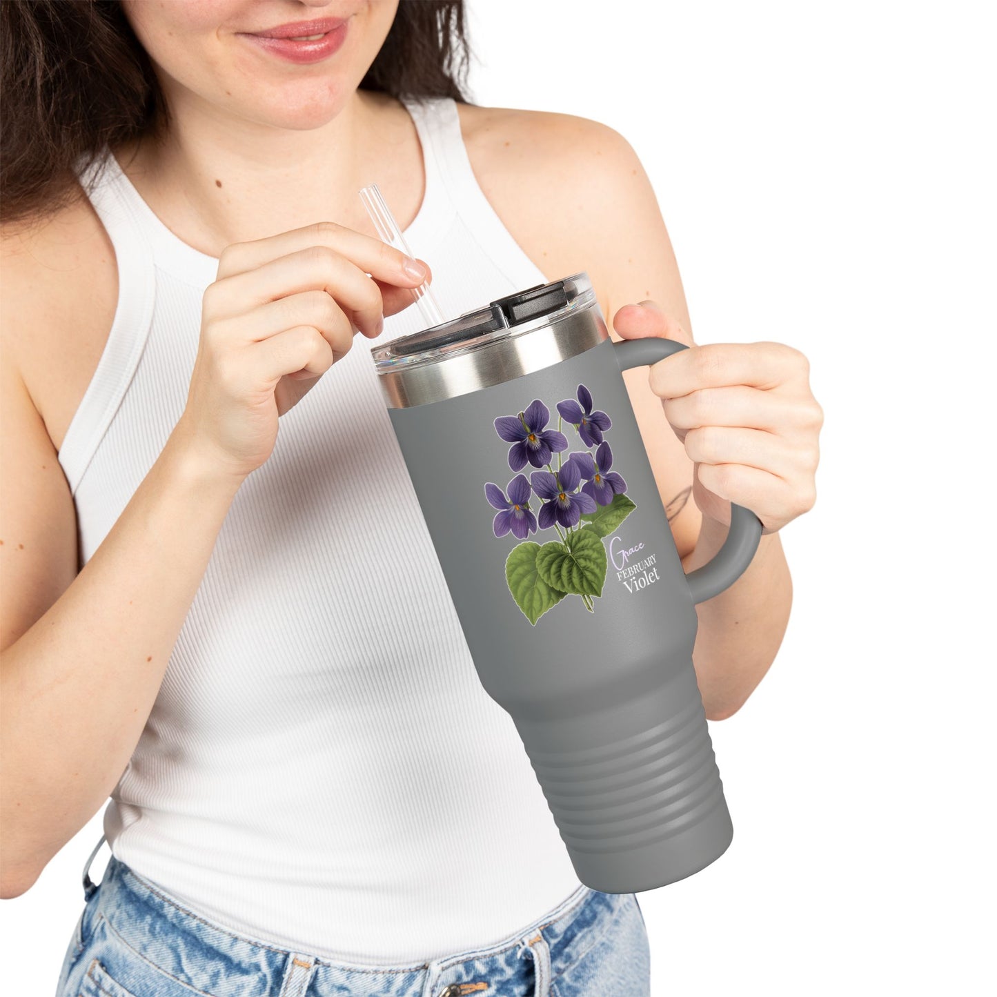 Violet Floral Tumbler – February Birth Flower Gift | 40oz Insulated Travel Mug, Customizable — 14688