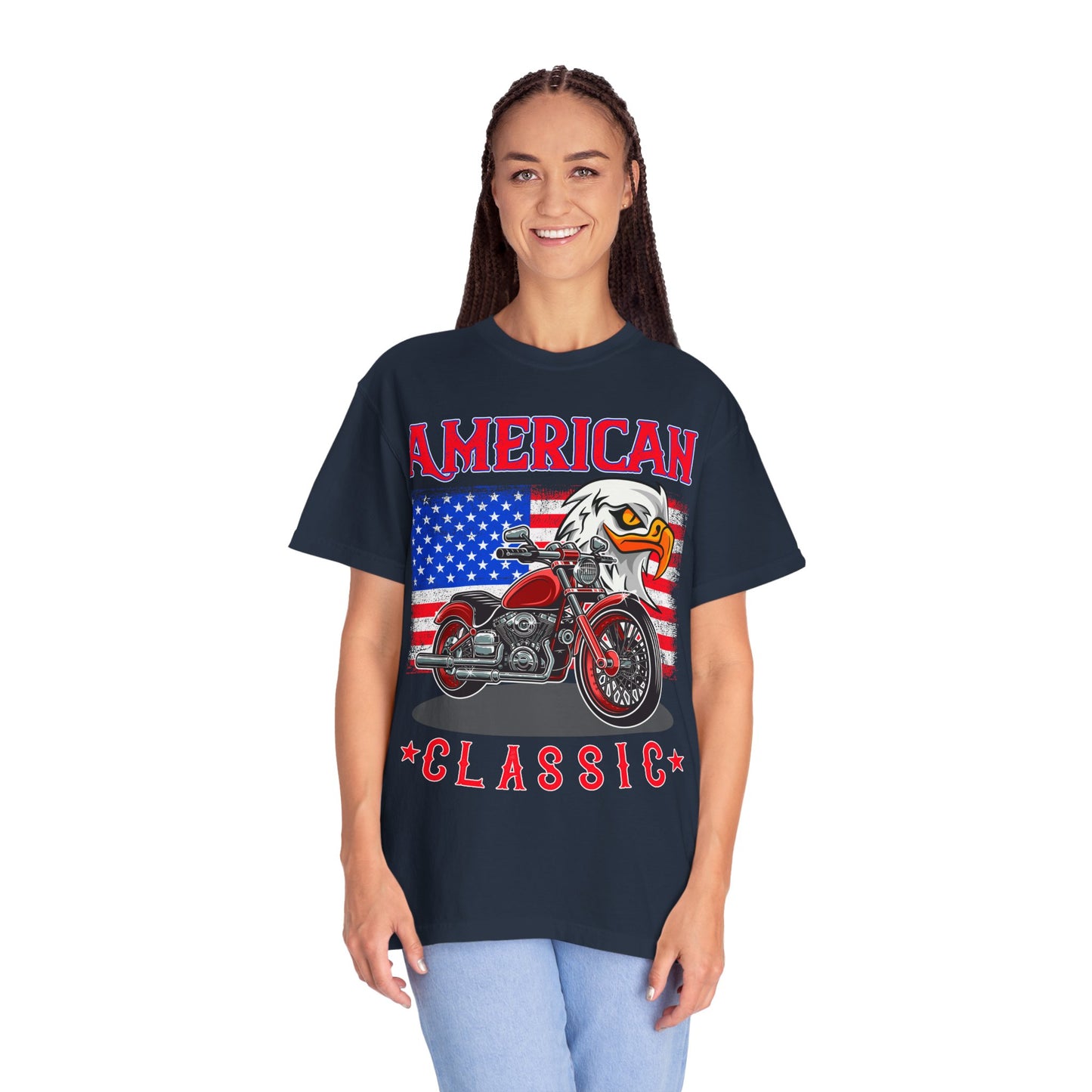 American Classic Tee, Unisex Garment-Dyed T-shirt, Biker Gift, Patriotic Apparel, Rider and Eagle Fashion, Vintage Style - 13658