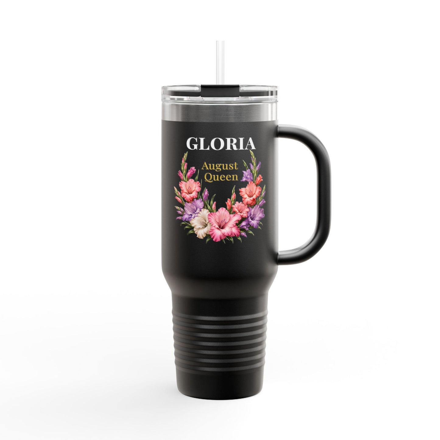 Personalized August Queen 40oz Insulated Travel Mug – Custom Name Floral Birthday Tumbler - 14917