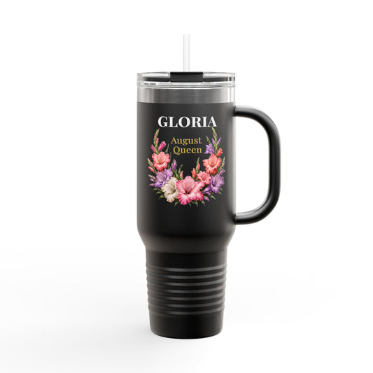 Personalized August Queen 40oz Insulated Travel Mug – Custom Name Floral Birthday Tumbler - 14917