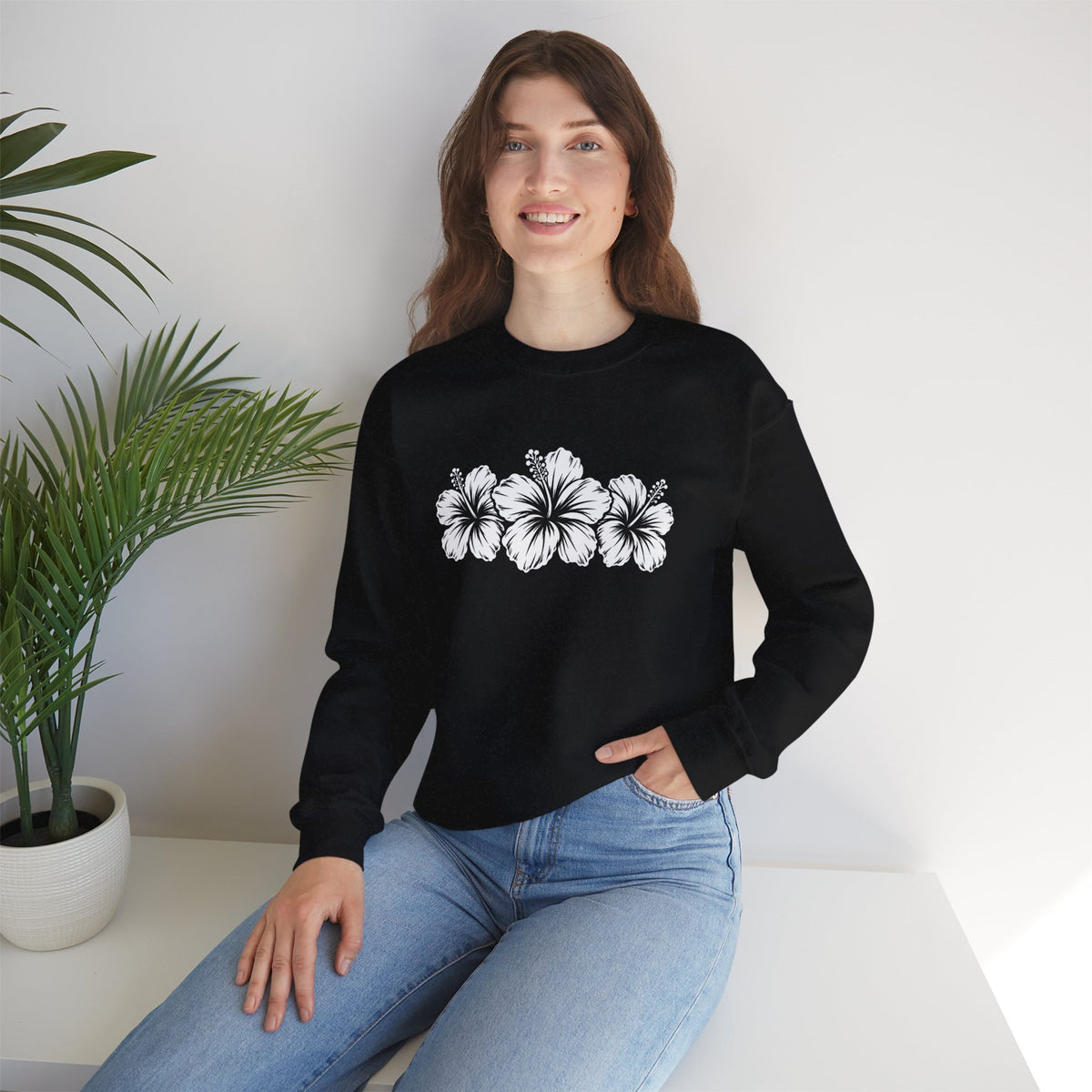 Hibiscus Floral Crewneck Sweatshirt,  Tropical Flower Graphic - 14996