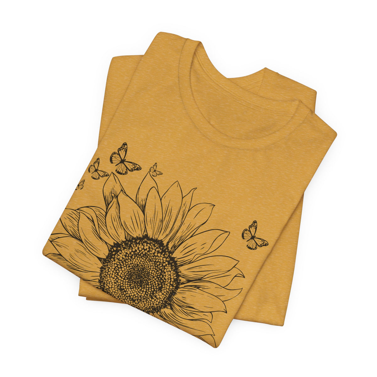 Sunflower Sketch T-Shirt, Vintage Botanical Sunflower & Butterfly Graphic Tee - 14982