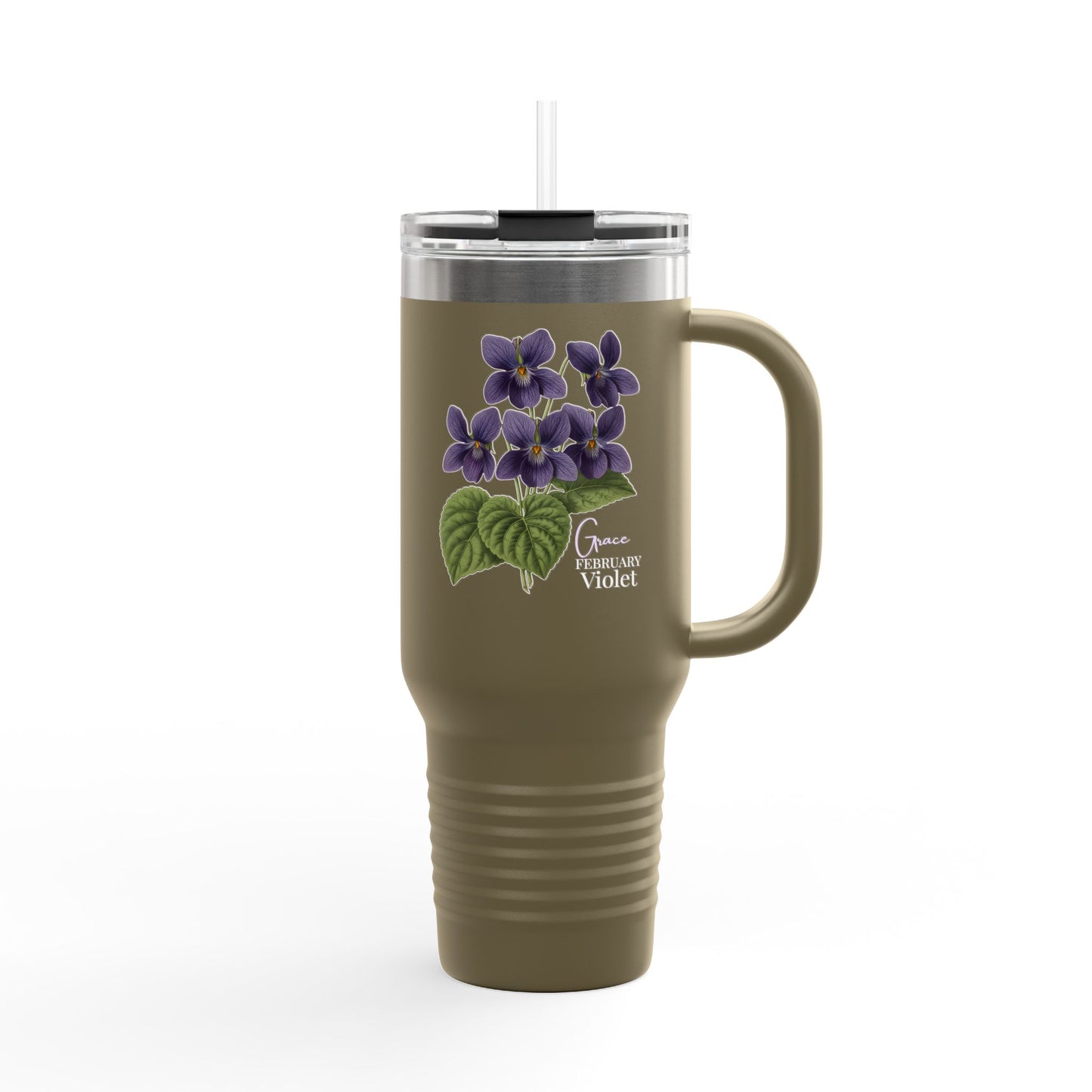 Violet Floral Tumbler – February Birth Flower Gift | 40oz Insulated Travel Mug, Customizable — 14688