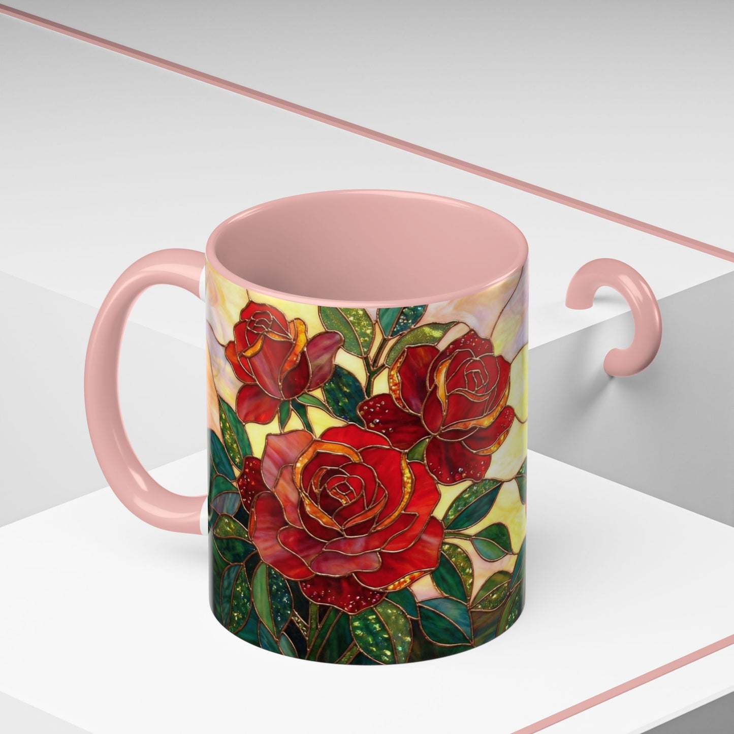 Rose Stained Glass Accent Coffee Mug – Red Roses Floral 11/15oz - 14539