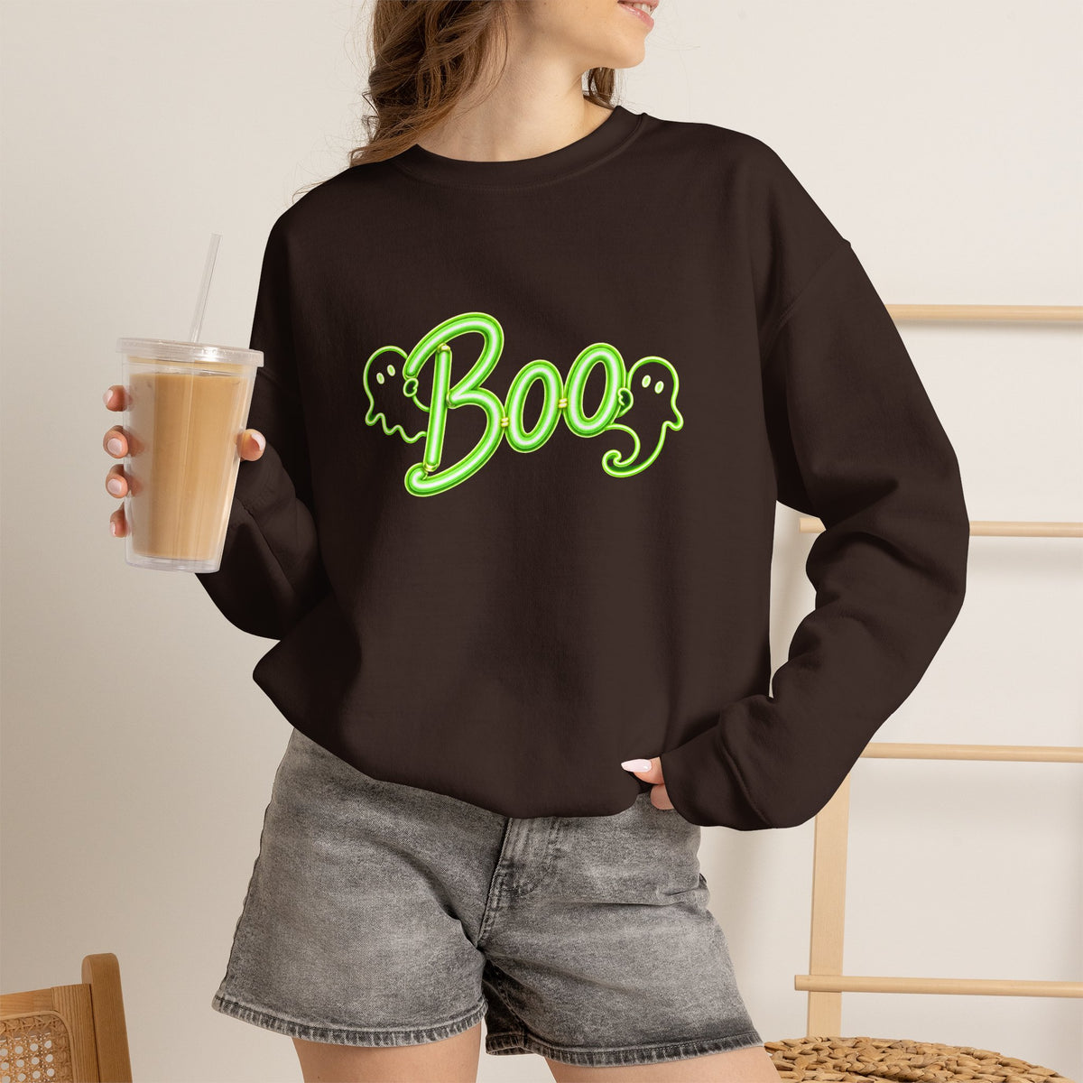 Neon Boo Halloween Sweatshirt, Cute Ghost Crewneck - 14517