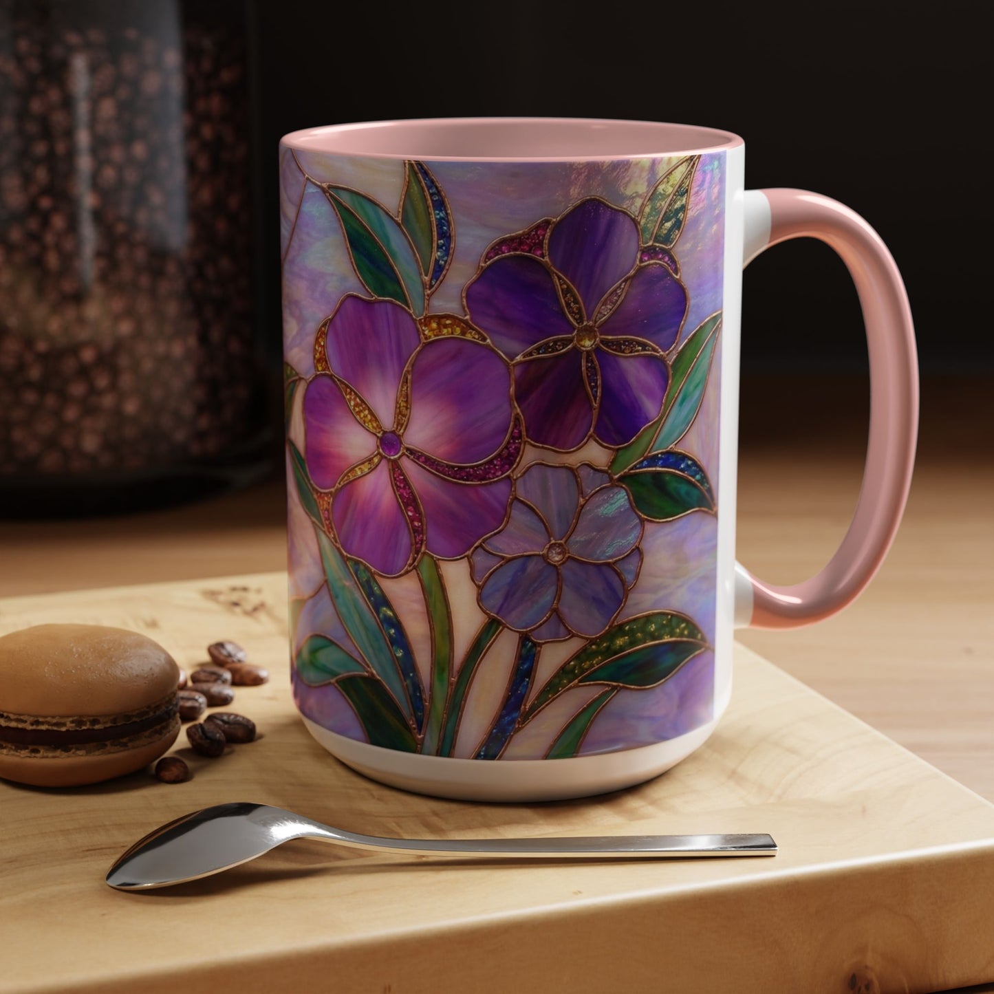 Stained Glass Violet Flowers Accent Coffee Mug, 11/15oz - 14537
