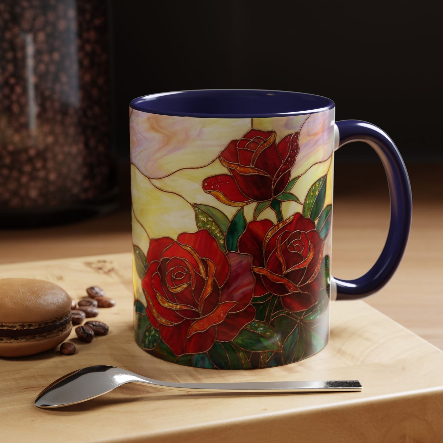 Rose Stained Glass Accent Coffee Mug – Red Roses Floral 11/15oz - 14539