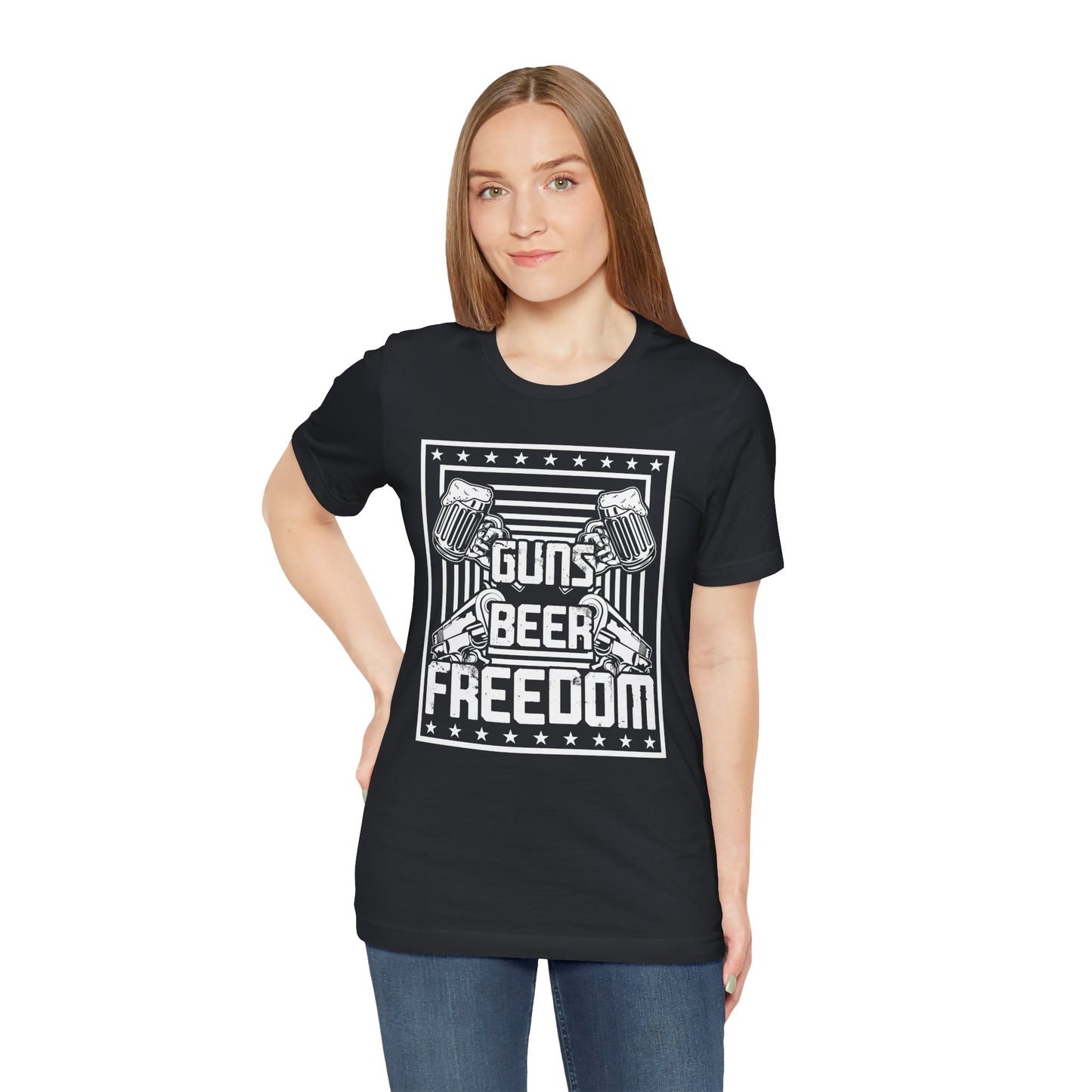 4th of July, Guns Beer Freedom Unisex Tee, Casual Shirt, Patriotic Apparel, Gift for Him, Party Tee, Everyday Wear - 13598