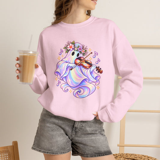 Ghost Violin Sweatshirt — Cute Floral Music Lover Crewneck - 14527