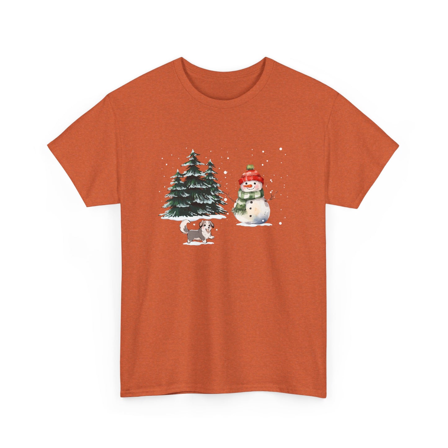 Winter Trees, Snowman & Puppy - Unisex Heavy Cotton Tee - 10278