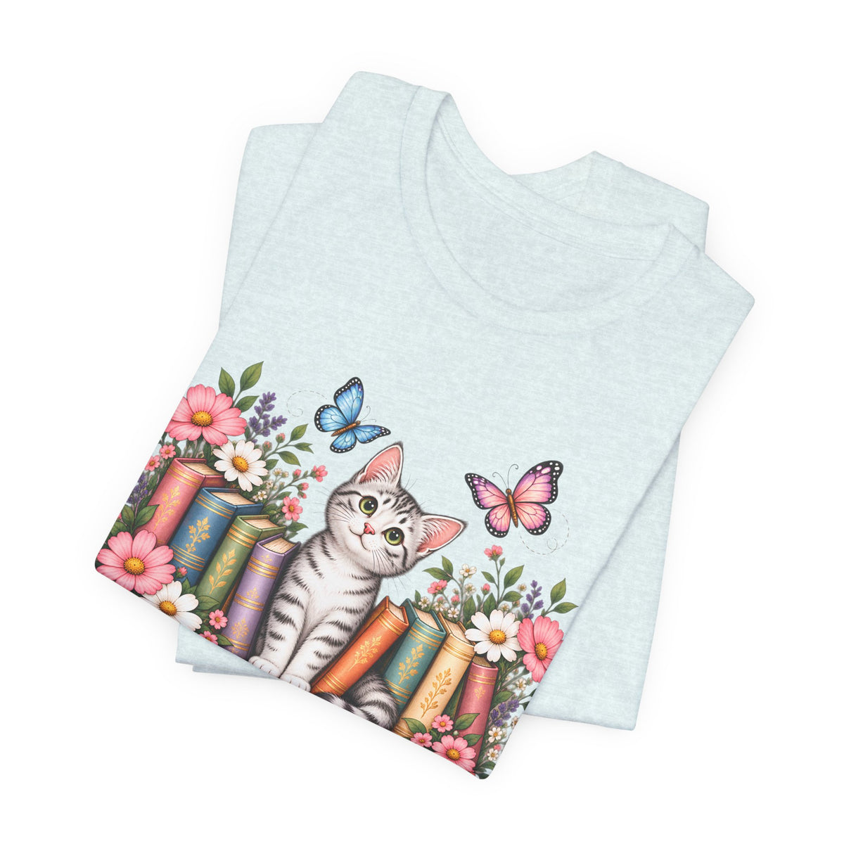 Cat & Books T-Shirt, Cute Floral Kitten & Butterfly Tee - 14526