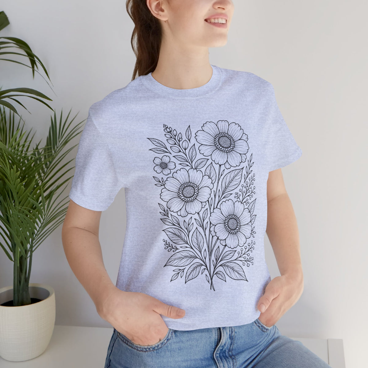 Vintage Floral Line Art T-Shirt, Botanical Wildflower Tee - 14561