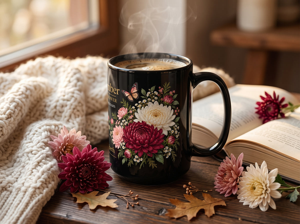 November Chrysanthemum Birth Flower Mug, Personalized Black Floral Mug - 14546
