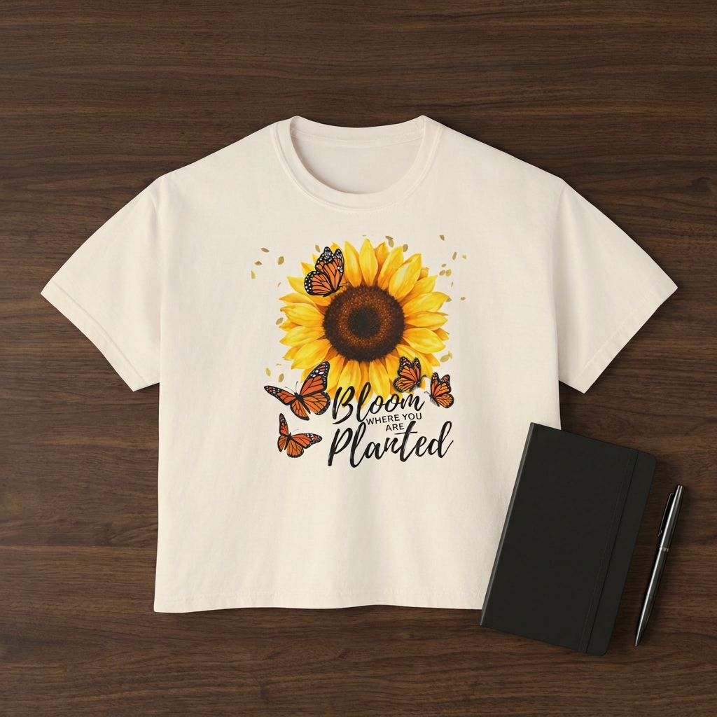 Bloom Where You’re Planted Sunflower T-Shirt, Floral Butterfly Graphic Tee - 14922