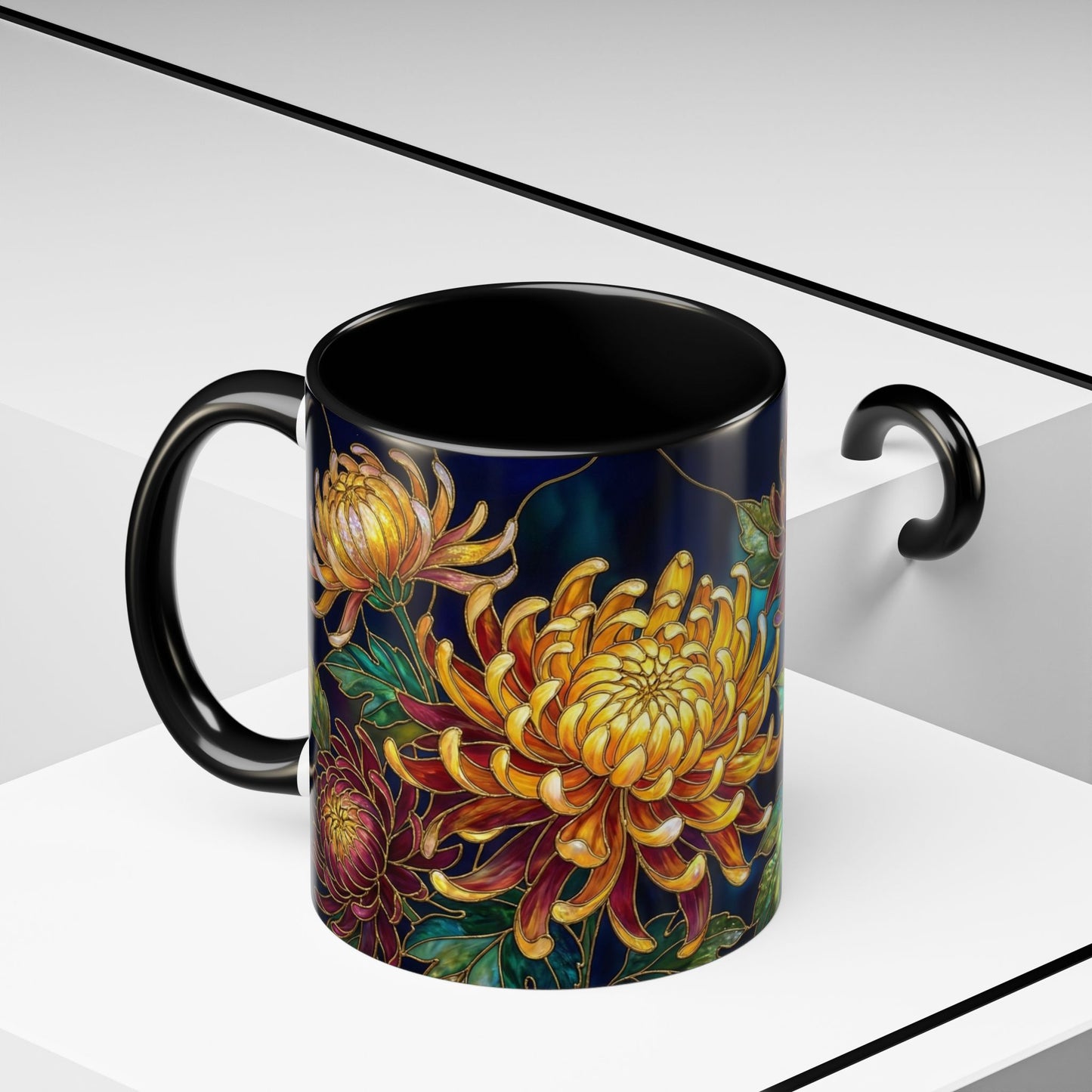 Chrysanthemum Floral Accent Coffee Mug — Stained Glass Design (11/15oz) - 14541