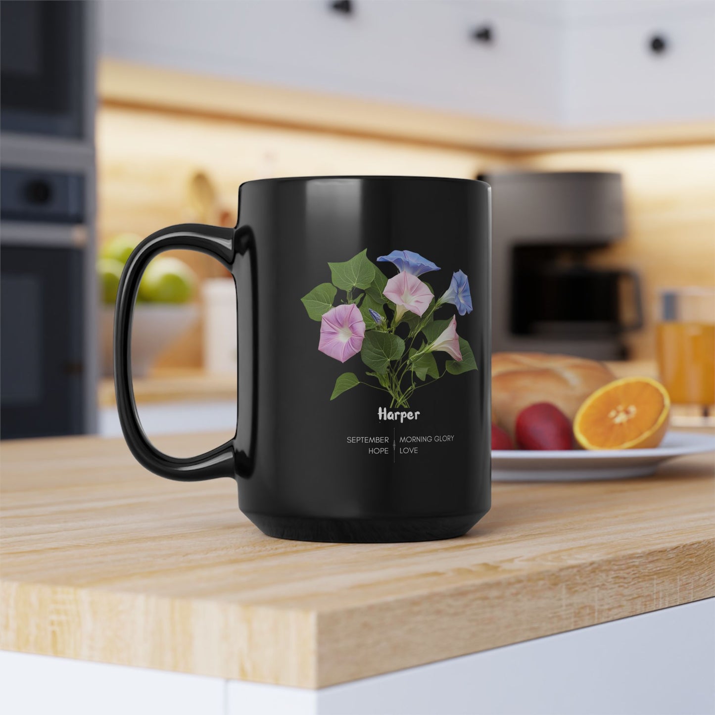 The Happy Birthday: September Born, Morning Glory Flower, Customizable - Black Mug (11oz, 15oz)